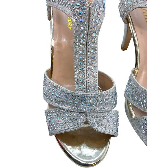 FOREVER Sandal 7.5 M SILVER Rhinestone High Heel Wedding Bling Prom Padded - Picture 5 of 10